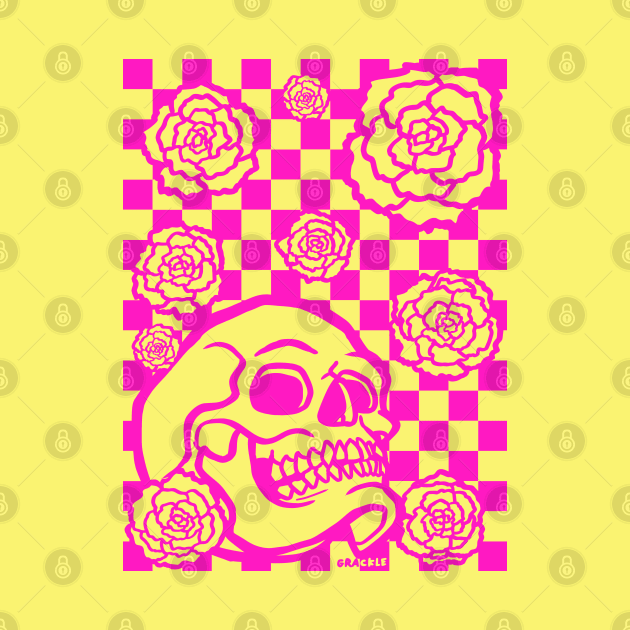 Skull and Roses Checkerboard (Pink Version) by Jan Grackle