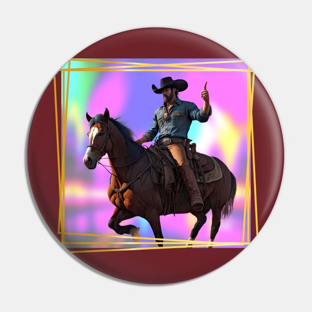 Mounted Cowboy holding his finger up Neon backgrd Pin by PersianFMts