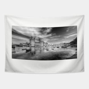 Caernarfon Castle Panorama, Wales, UK Black And White Tapestry