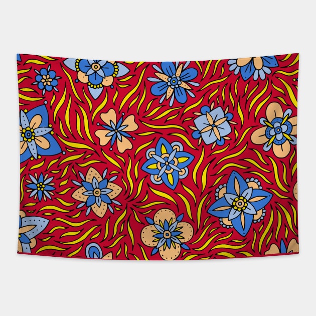 Blue and Orange Flowers Tapestry by HLeslie Design