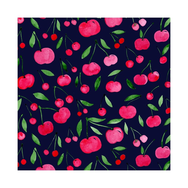 Watercolor cherries pattern - red, green on dark blue by wackapacka