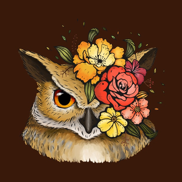 Owl With A Royal Autumn Flower Crown by LittleBunnySunshine