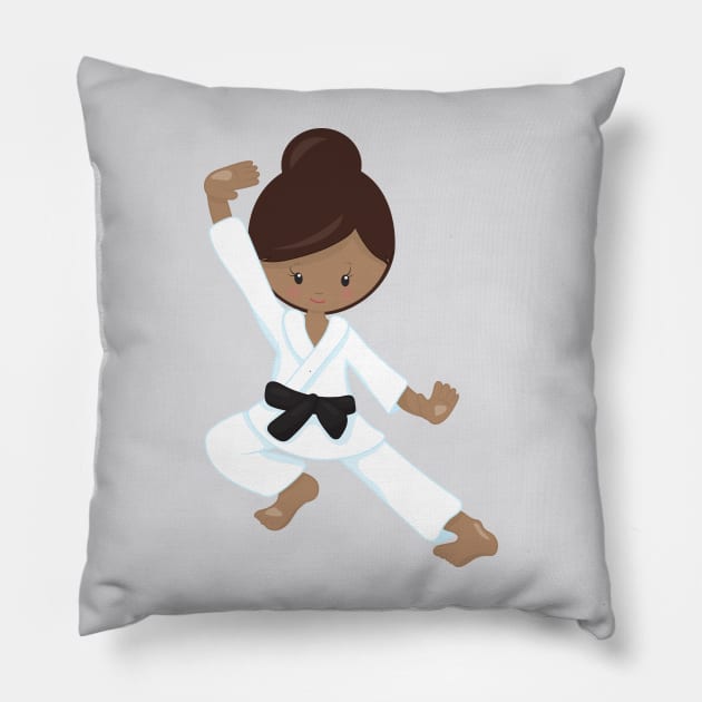 African American Girl, Black Belt, Karate Girl Pillow by Jelena Dunčević