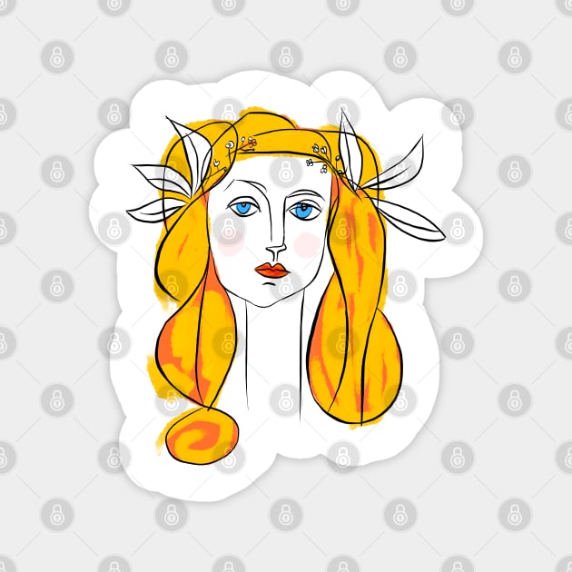 Floral Crown Woman Portrait Line Art Illustration Magnet by denizko