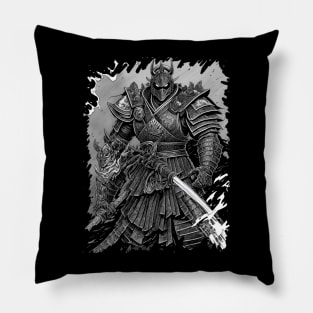 Armored Samurai warrior with katanas heavy armor Japanese culture inspired manga black and white ink drawing Pillow