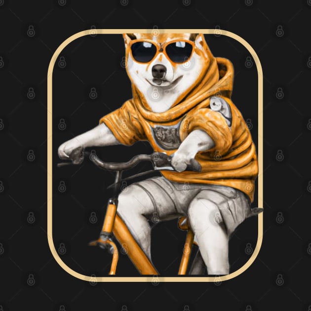 Shiba Inu wearing a hoodie riding a bike and wearing sunglasses by Apparels2022