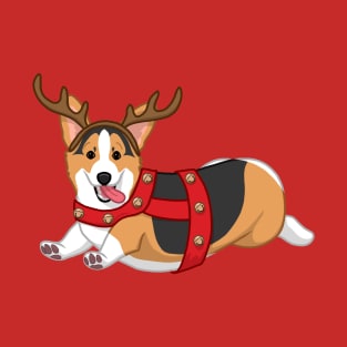 Cute Black & Tan Corgi in Christmas Reindeer Costume T-Shirt