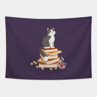 Cat Sitting On Books Tapestry