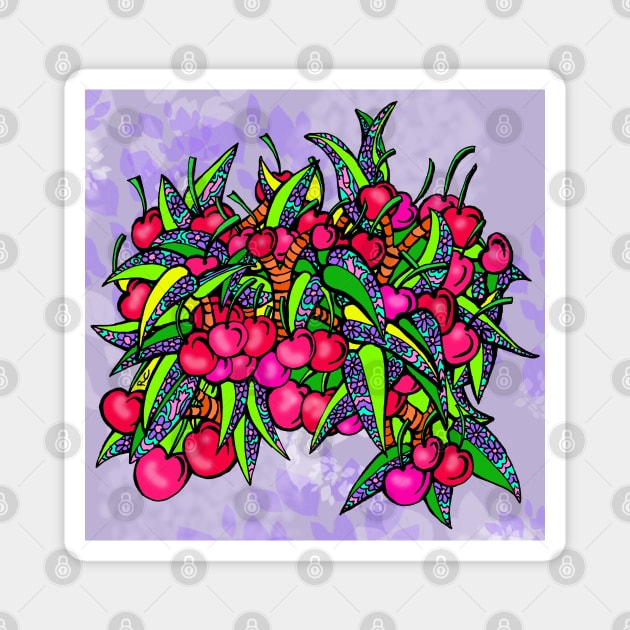 Cherry Fantasy - Plump Ripe Cherries with Flower Leaves in a Purple Sky Magnet by RhondaChase