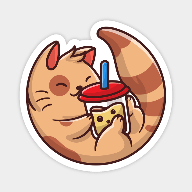 Cute Cat Drink Boba Milk Tea Cartoon Vector Icon Illustration