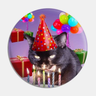 Cat Kitty Black Eating Birthday Party Cake, Funny Cute Pin