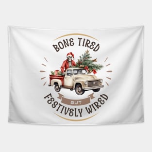 Funny Christmas Skeleton Wearing Santa Hat, Pickup Truck with Tree Tapestry