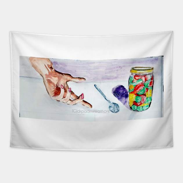 Mom's pickle in jar with hand Tapestry by drpadminirathore