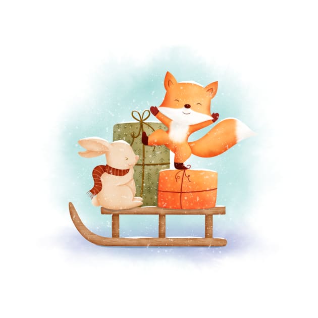 Cute Bunny and Fox with sledge and Christmas gifts by Sandra Herrgott