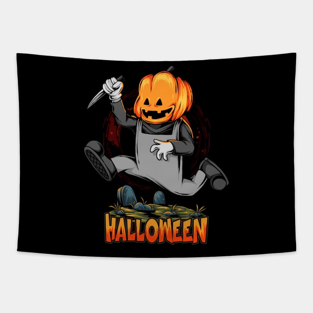 halloween pumpkin head zombie running grave with kitchen knife Tapestry by drydenshops