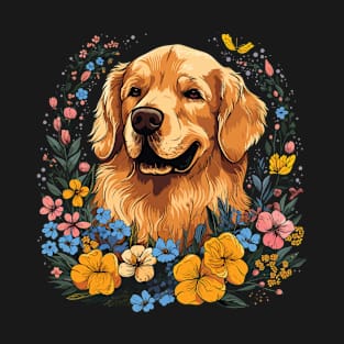 A Golden Retriever surrounded with wild flowers, illustration T-Shirt