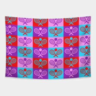 Colorful Checkered Tennis Seamless Pattern - Racket & Ball Tapestry