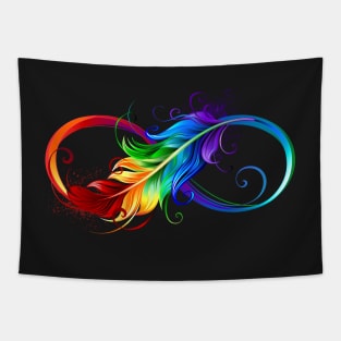 Infinity with rainbow feather on black background Tapestry