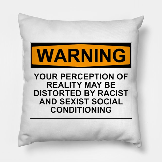 WARNING: YOUR PERCEPTION OF REALITY MAY BE DISTORTED BY RACIST AND SEXIST SOCIAL CONDITIONING Pillow by wanungara