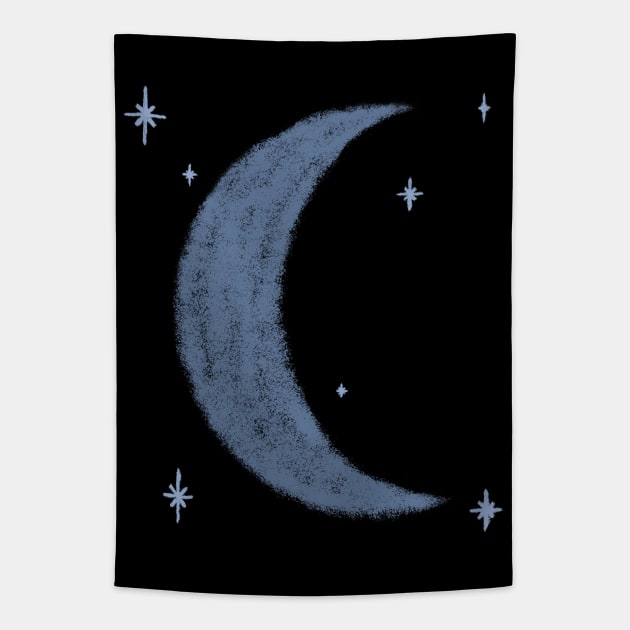 Blue Moon and Stars Graphic Art Textured Celestial Tapestry by Moonlit Midnight Arts