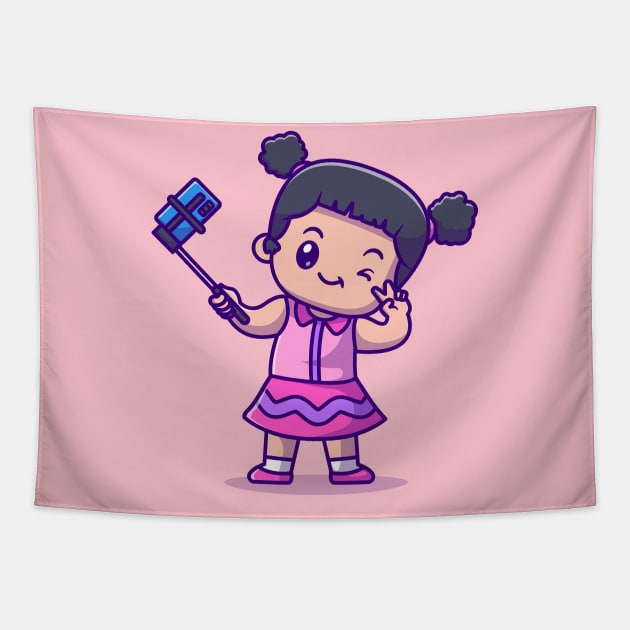 Cute Girl Taking Selfie With Phone Cartoon Tapestry by Catalyst Labs
