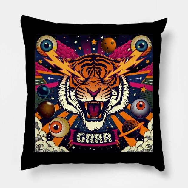 Cosmic Roar: Tiger Thunder Pillow by SunGraphicsLab