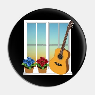 Acoustic Guitar Leaning Against Window with Flowers Pin