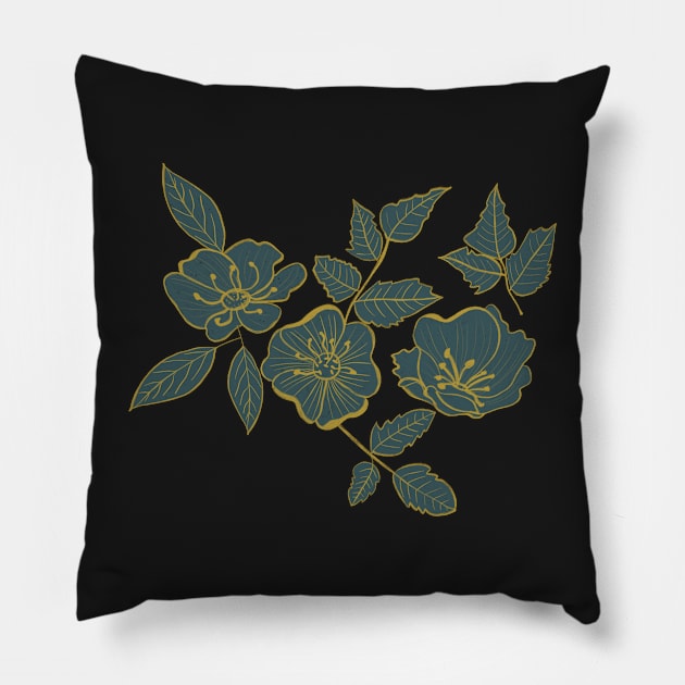 California Wild Rose Mustard and Teal Design Pillow by WalkSimplyArt