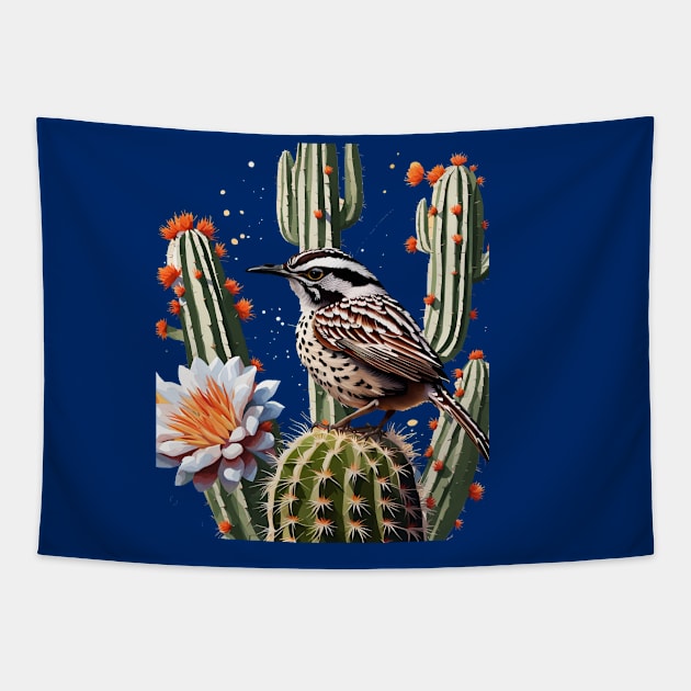 Cactus Wren Surrounded By Saguaro Cactus Blossom Tapestry by taiche