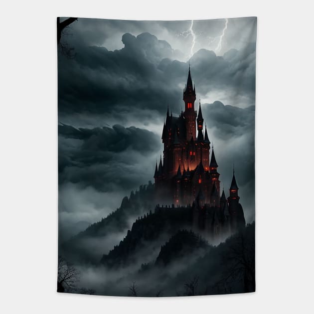 Spooky Castle Render with Lightning Flashing Above Tapestry by CursedContent