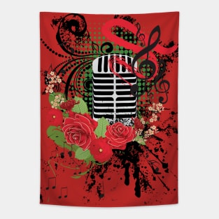 Vintage Microphone Grunge and red roses Tapestry