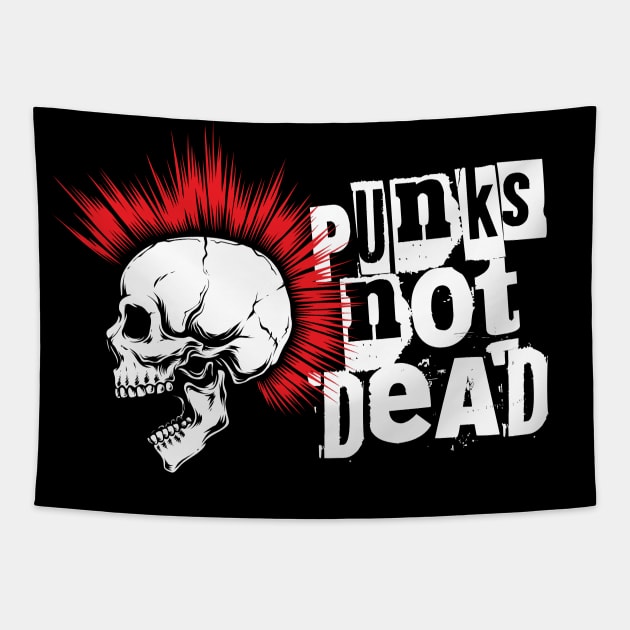 Punks Not Dead Skull with Red Mohawk Tapestry by NINE69