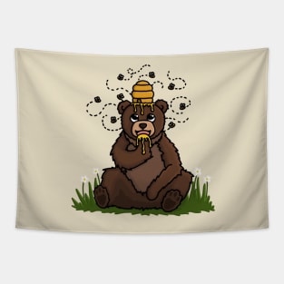 Happy Bear covered in Honey with a Beehive on his head. Tapestry