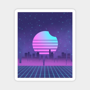 Synthwave Sunset Eclipse Vaporwave City with Galaxy and Neon Grid Magnet