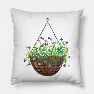 Blue and Pink flowers in hanging basket Pillow