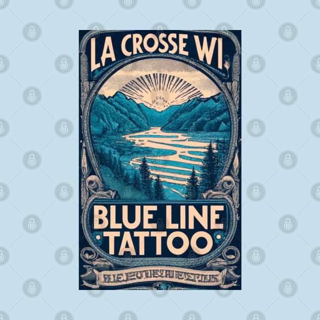 Blue Line Tattoo River Bluff Scene Vintage Stamp Label by BlueLine Design