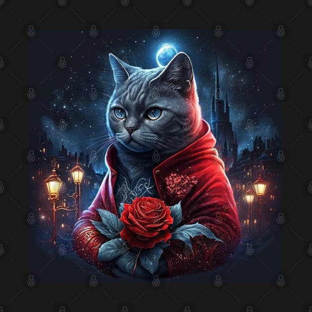 British Shorthair And Red Rose by Enchanted Reverie