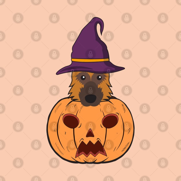 Halloween German Shepherds With Witch Hat Stuck In A Pumpkin Head. by Candaria