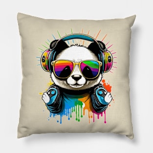 Happy Kawaii Panda with Sunglasses and Headphones Pillow