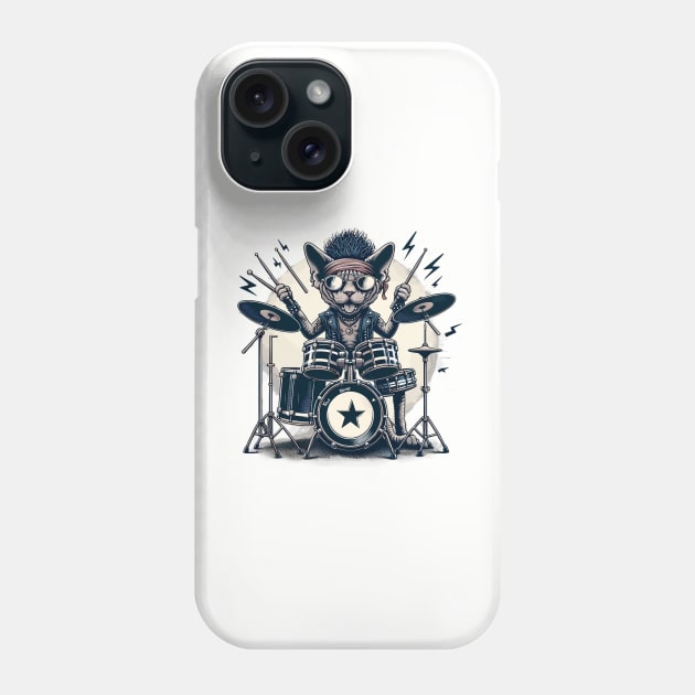 Devon Rex Cat Playing Drums Phone Case by Graceful Designs