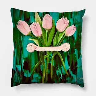 Pink Tulips In Vintage Handle Original Art Painting Pillow