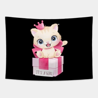 Cute little kitty girl sitting in the gift box illustration Tapestry