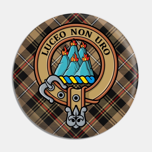 Clan MacKenzie Crest over Brown Hunting Tartan Pin by sifis