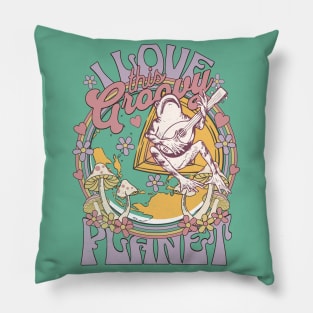 Earth Day Cottagecore Aesthetic Frogs The Groovy Planet Pillow