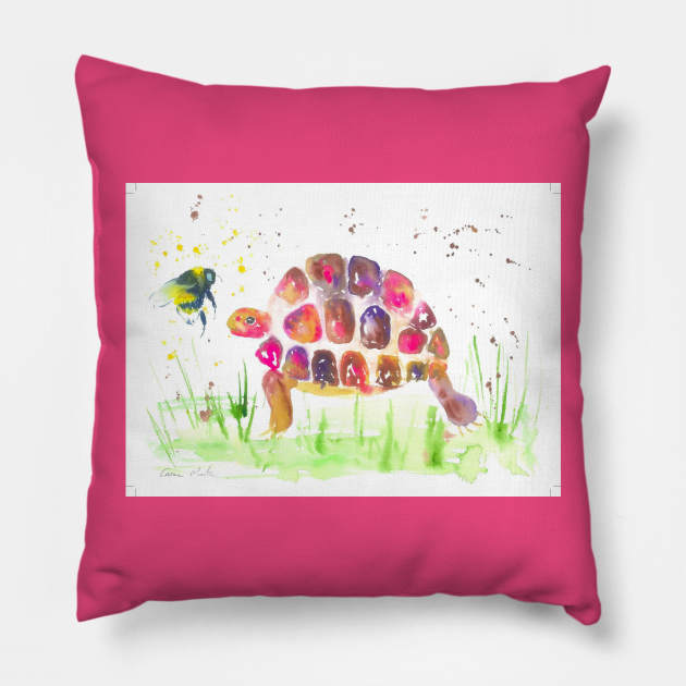 Pink Tortoise and a bumble bee Pillow by Casimirasquirkyart