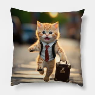 business kitty running with suitcase Pillow