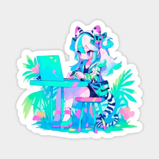 Cute zebra girl is working on a laptop Magnet