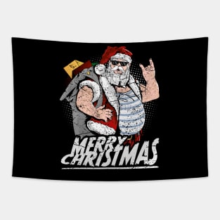 Merry Christmas cool tattooed santa claus with sunglasses Tapestry