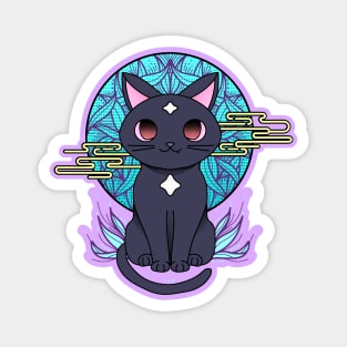 Cute anime black cat illustration with white stars. Cyberpunk manga cat. Magnet