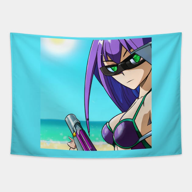 Anime Girl with Purple Hair at the Beach Tapestry by Starbase79